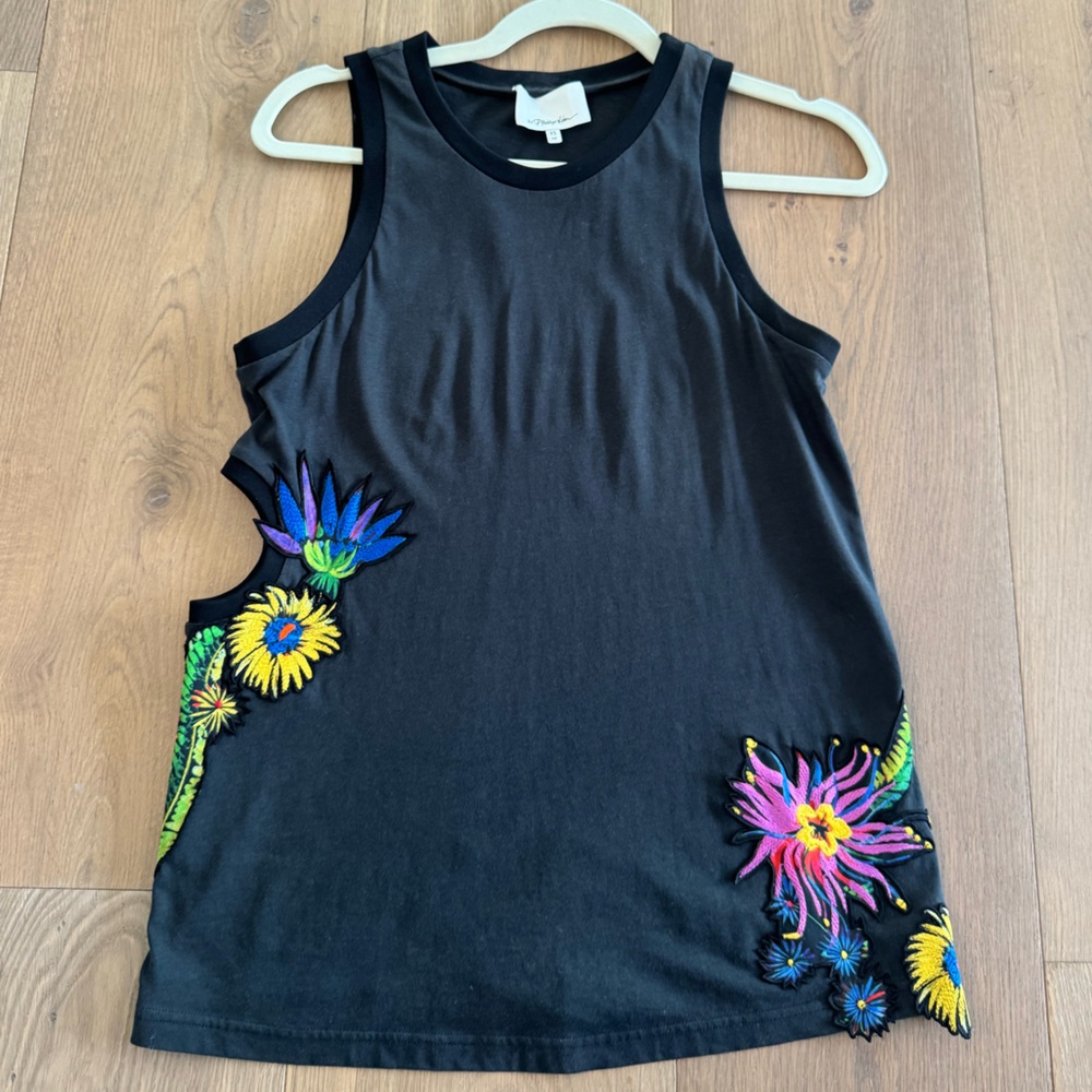 3.1 Phillip Lim Black Tank Top with Floral Appliqué, Cut-out Side, Size Small